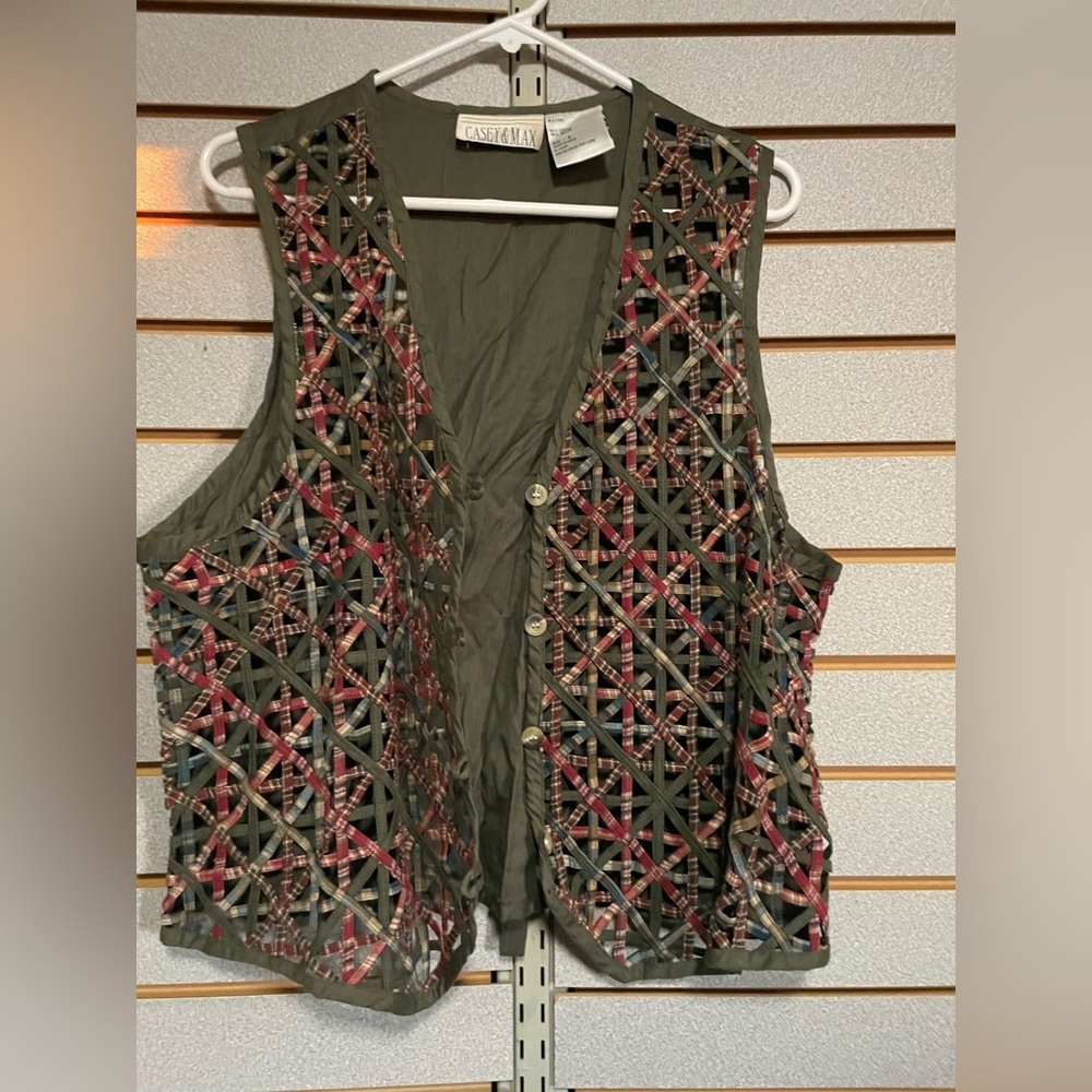 Casey & Max |Denim Vest Lattice Work Quilt Cottagecore‎ Size Lg Cotton Plaid Vtg